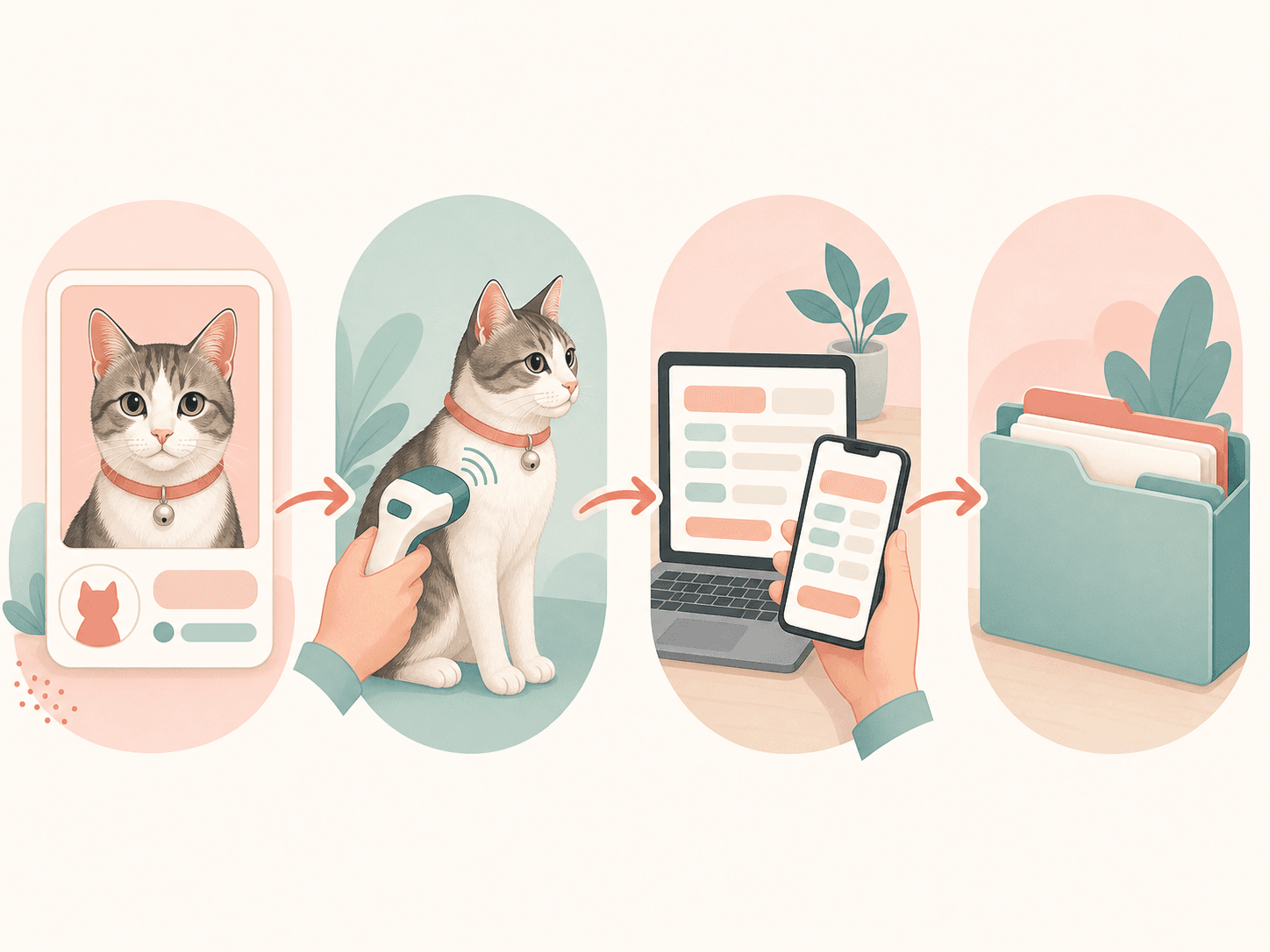 Four connected vignettes show a cat being identified, microchip checked, application submitted, and records stored.