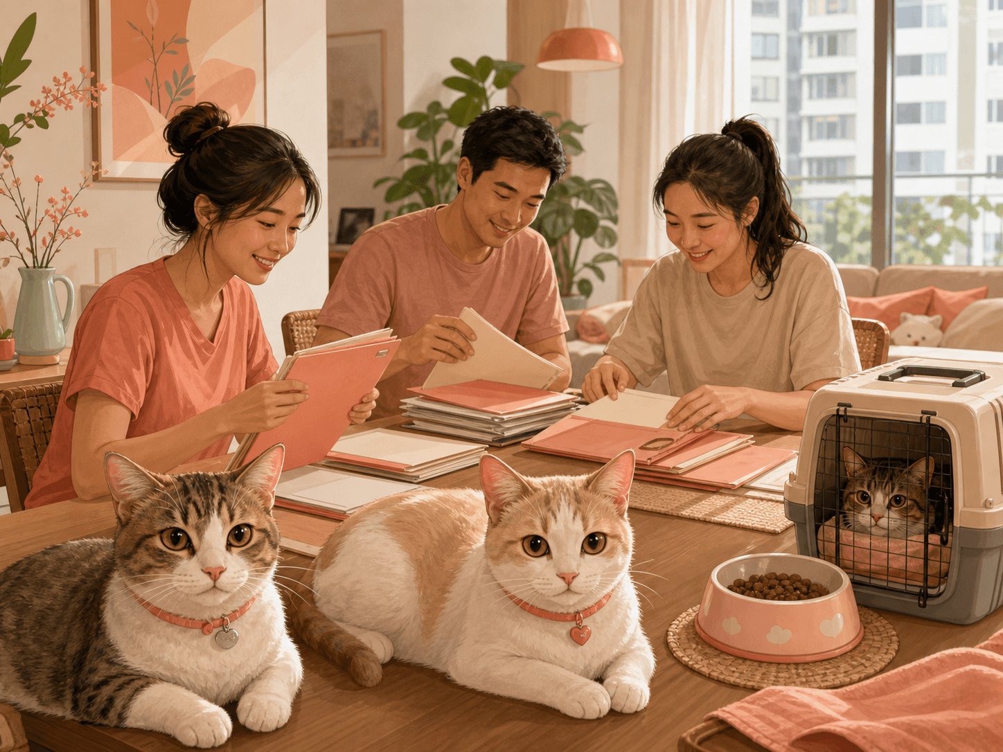 A household calmly organises cat records while several cats rest nearby, suggesting multi-cat or foster-home planning.