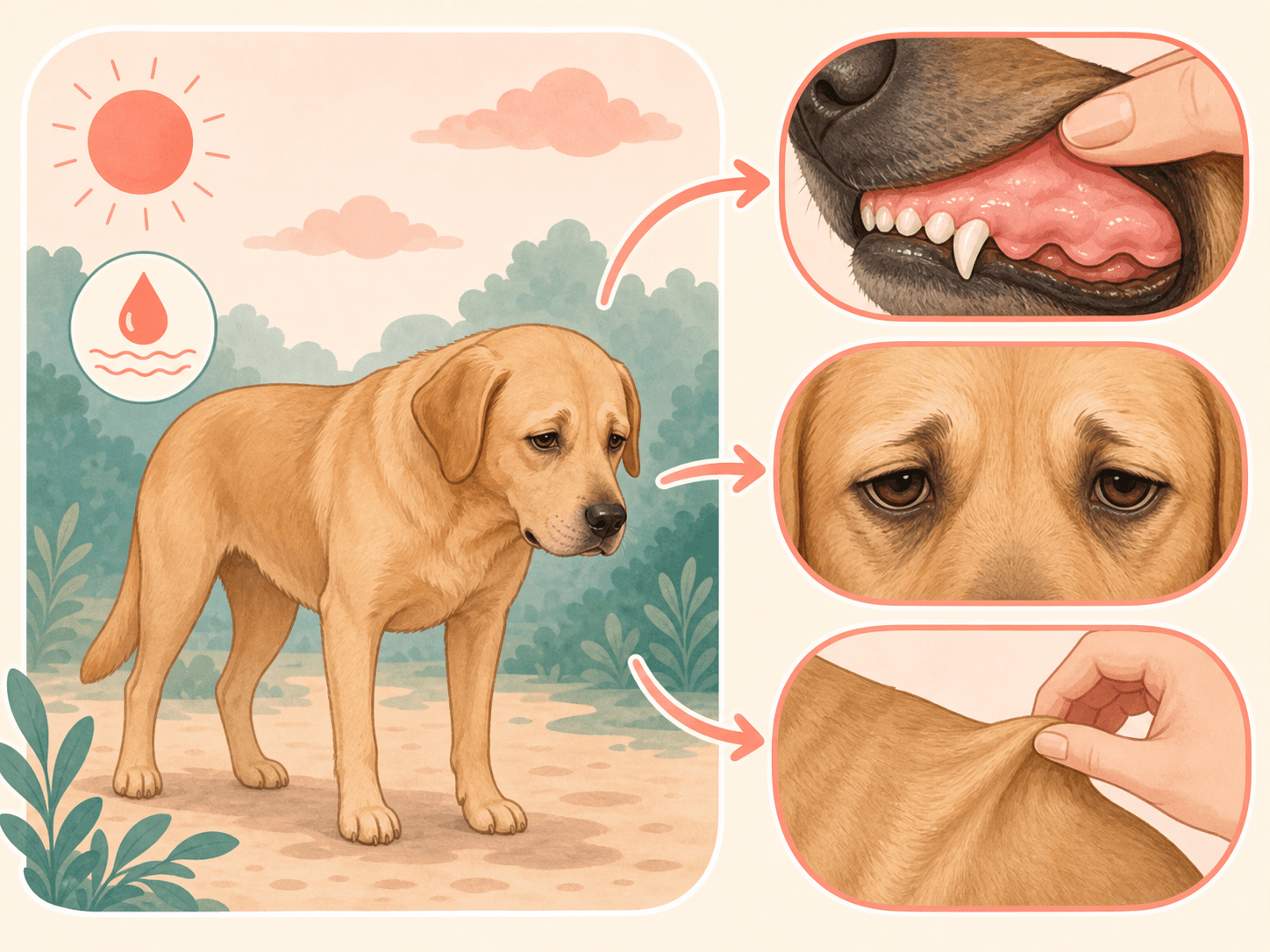 A dog diagram highlights gums, eyes, and shoulder skin as areas owners may check for dehydration signs.