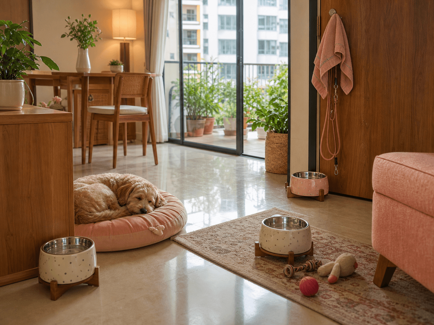 A dog-friendly apartment has fresh water bowls placed near rest, play, and the front door.