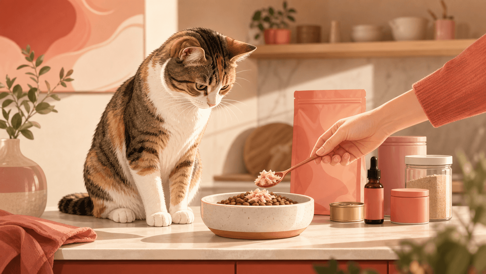 A cat waits beside a food bowl while a small topper is added and extra products sit off to the side.