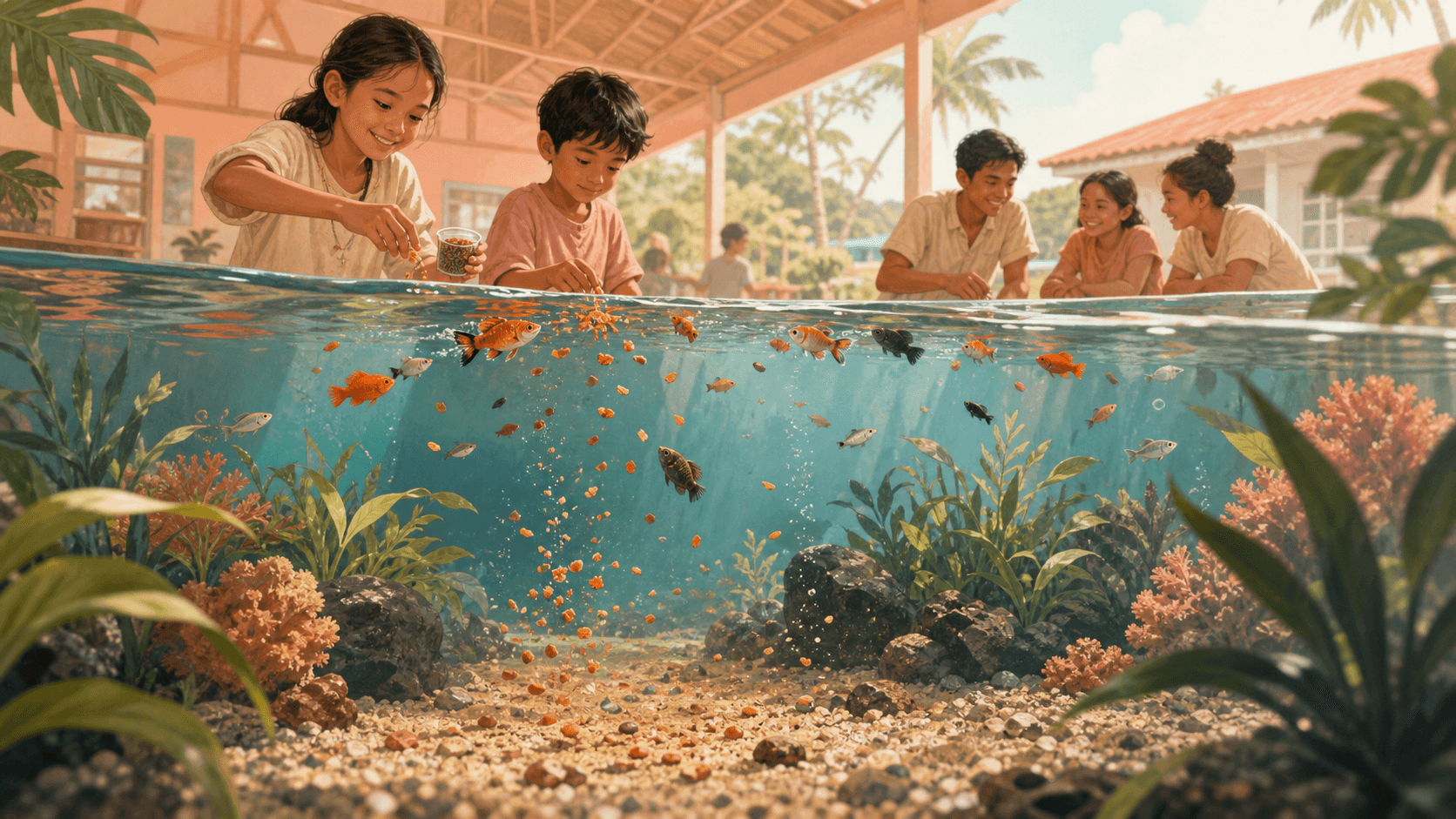 A tropical community aquarium has colourful fish near the surface while uneaten food drifts toward the gravel and plants.
