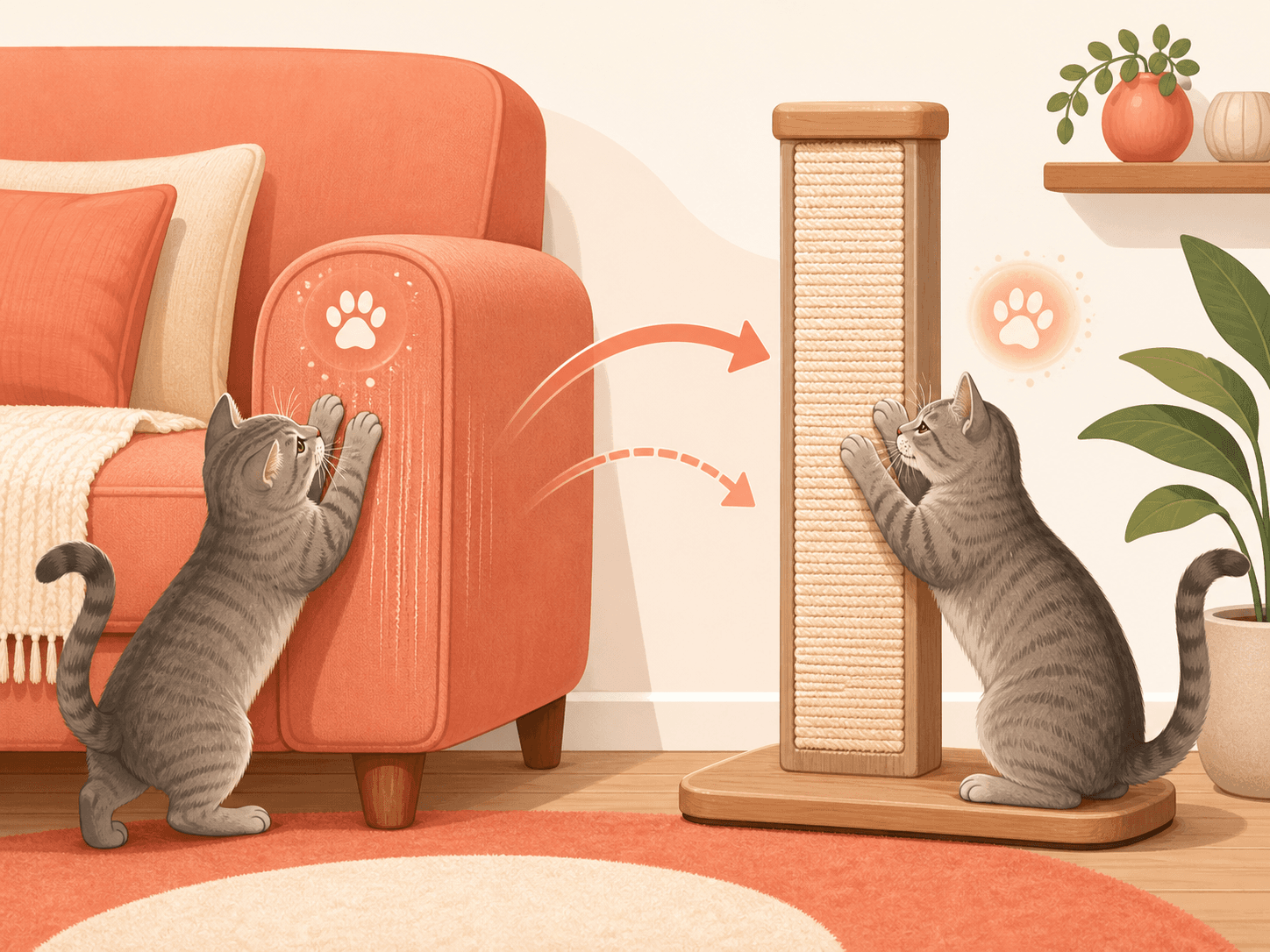 A diagram shows a scratching post placed beside the sofa spot a cat has been scratching.