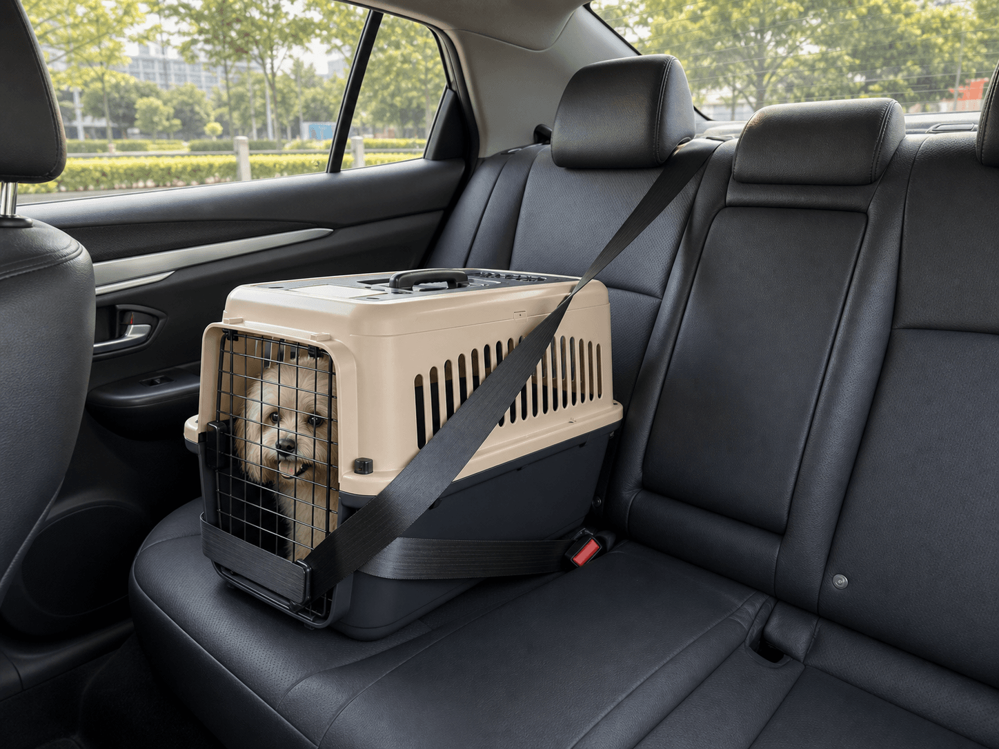 A sturdy pet carrier securely buckled into the back seat of a clean car.