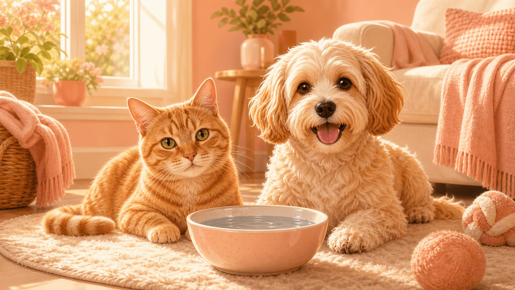 A warm illustration of a cat and dog resting peacefully near a fresh bowl of water in a sunlit room.
