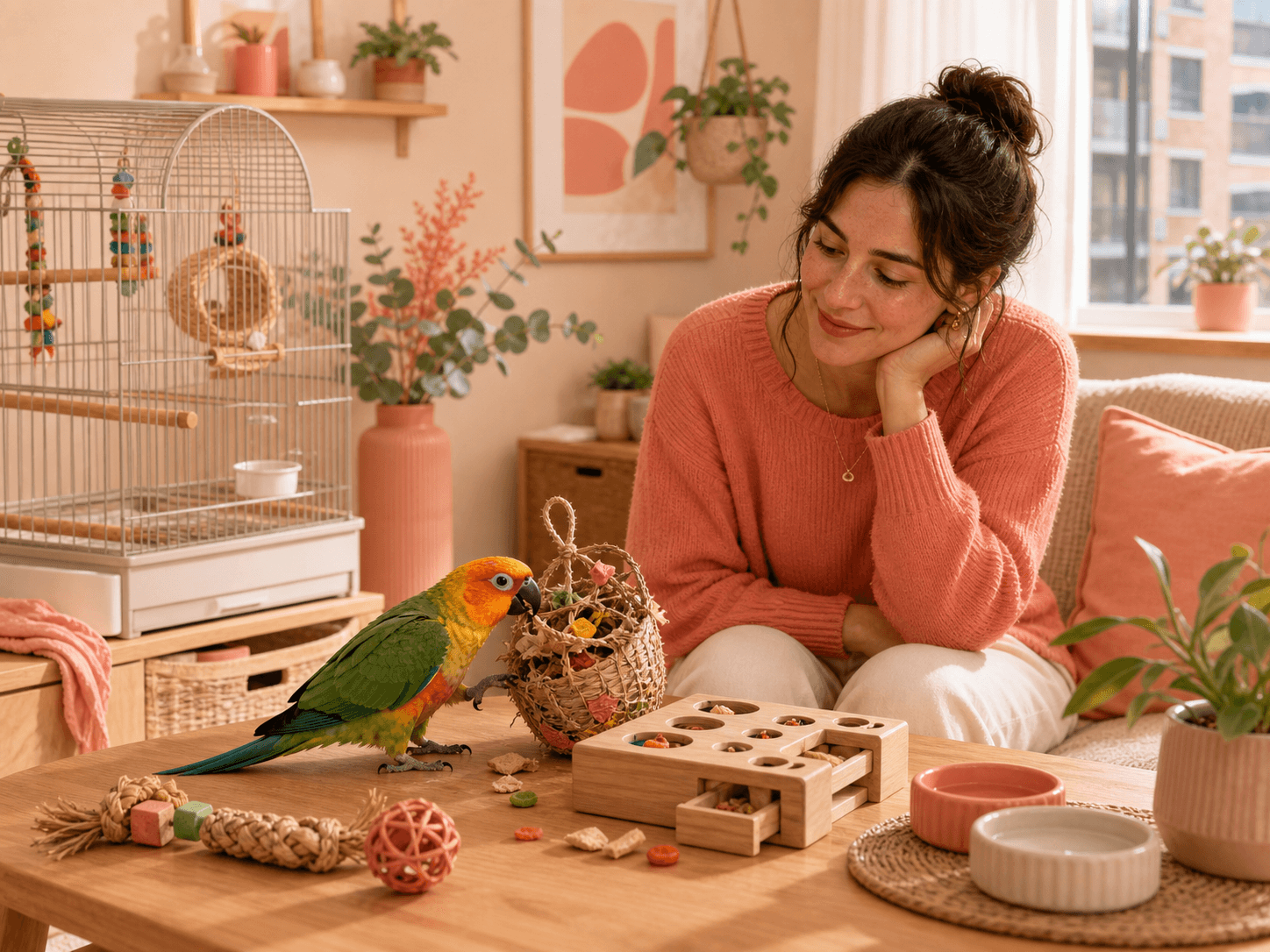 A supervised parrot explores safe toys and a puzzle feeder in a clean indoor apartment setup.
