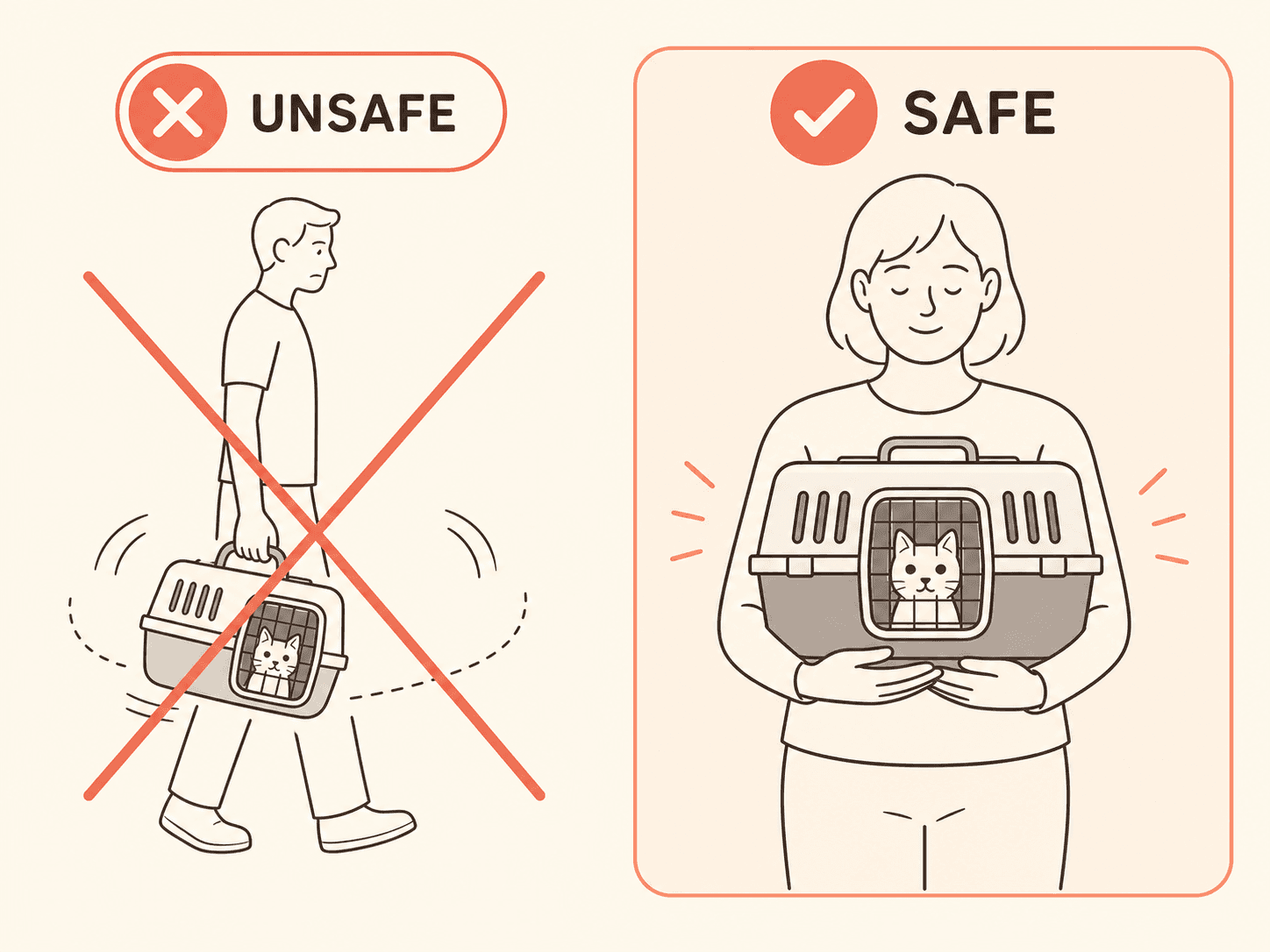 A diagram comparing the incorrect way to carry a pet carrier by its handle with the correct way of cradling it flat from the bottom with both arms.