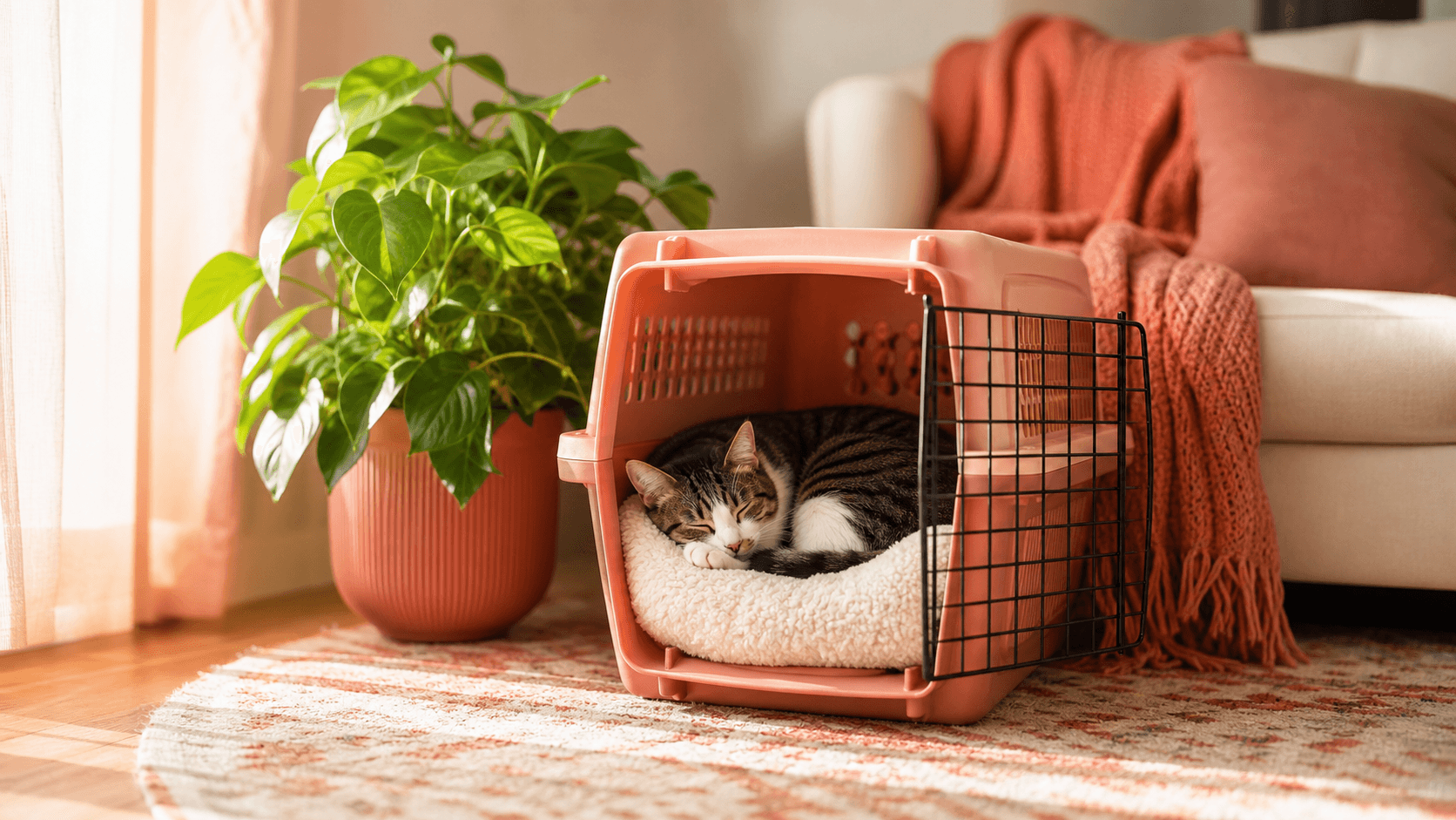 A calm cat sleeping peacefully inside an open cat carrier placed in a warm, sunlit living room corner.