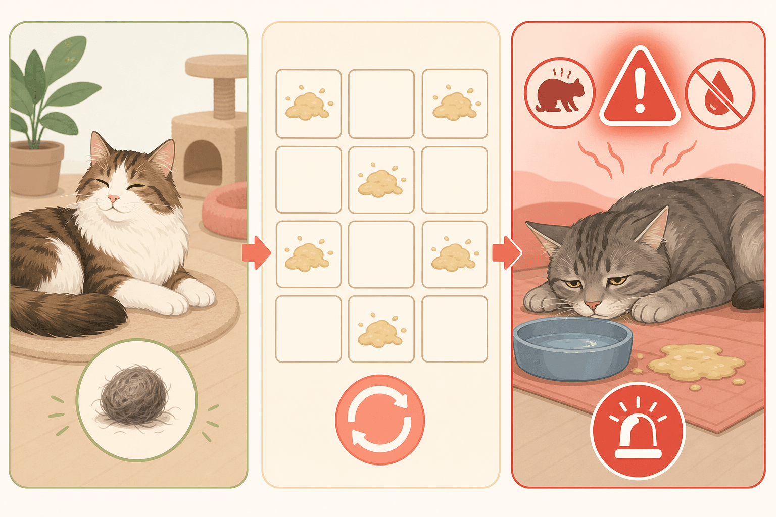A simple diagram contrasts a single hairball, repeated vomiting, and urgent vomiting signs in cats.