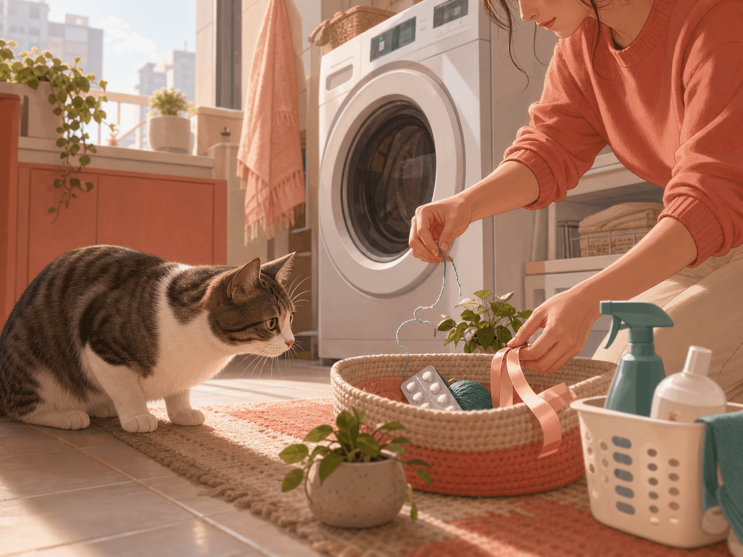 An owner removes household hazards from an indoor cat's reach in an apartment.