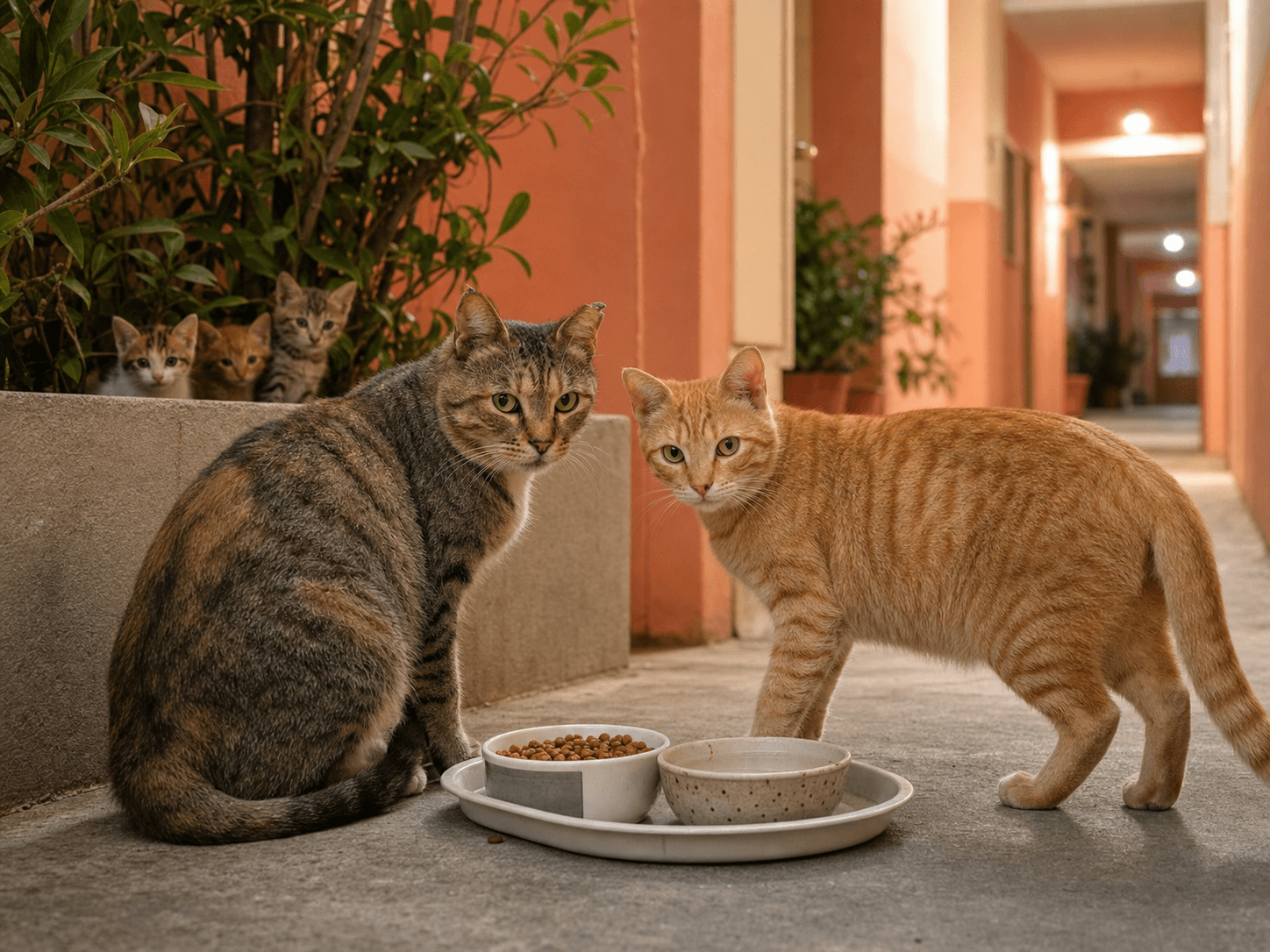 An ear-tipped adult cat, an untipped newcomer, and kittens are seen near a clean neighbourhood feeding area.