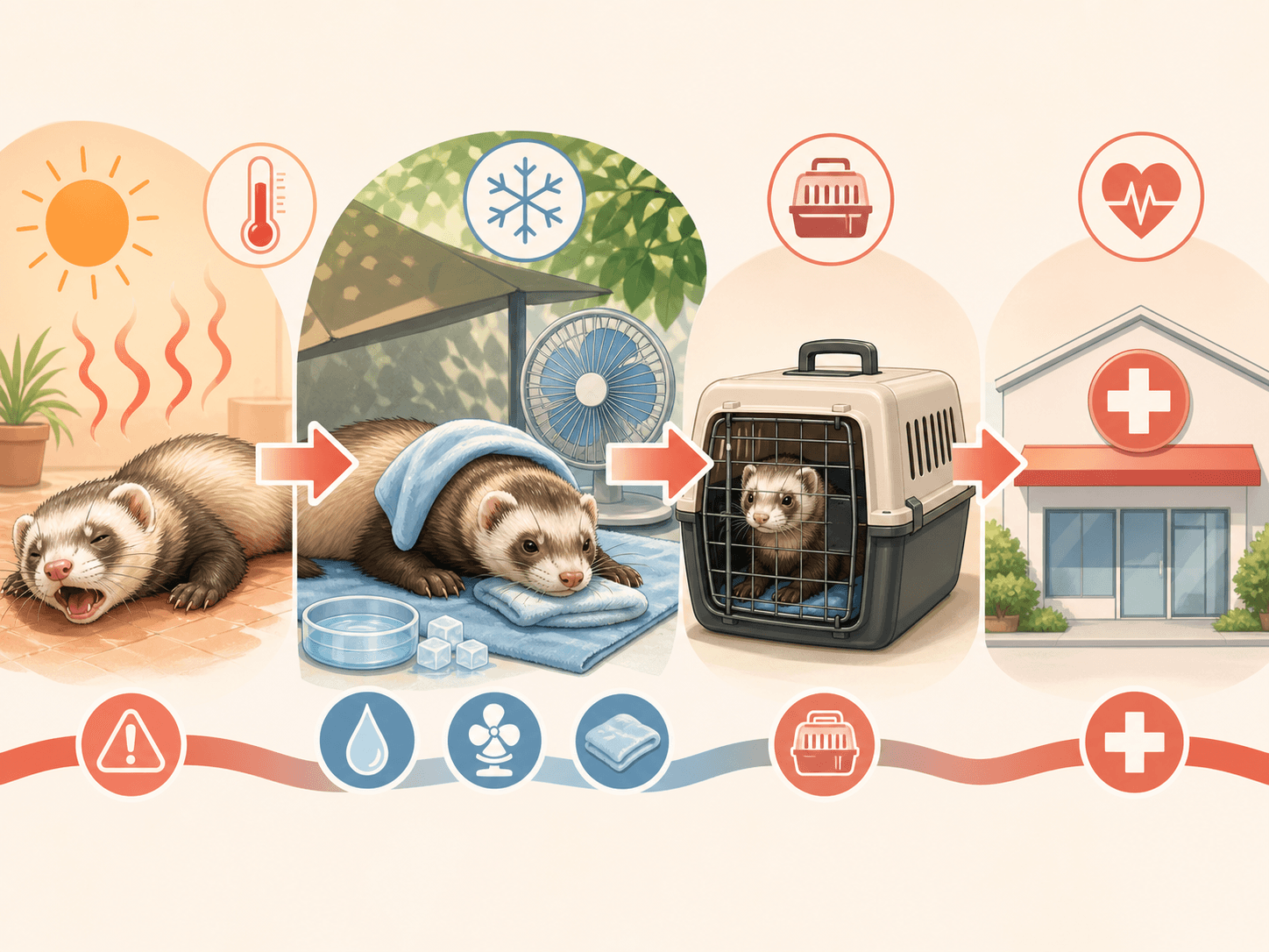 A diagram shows a heat-stressed ferret being moved from warmth to a cooler area and then to veterinary care.