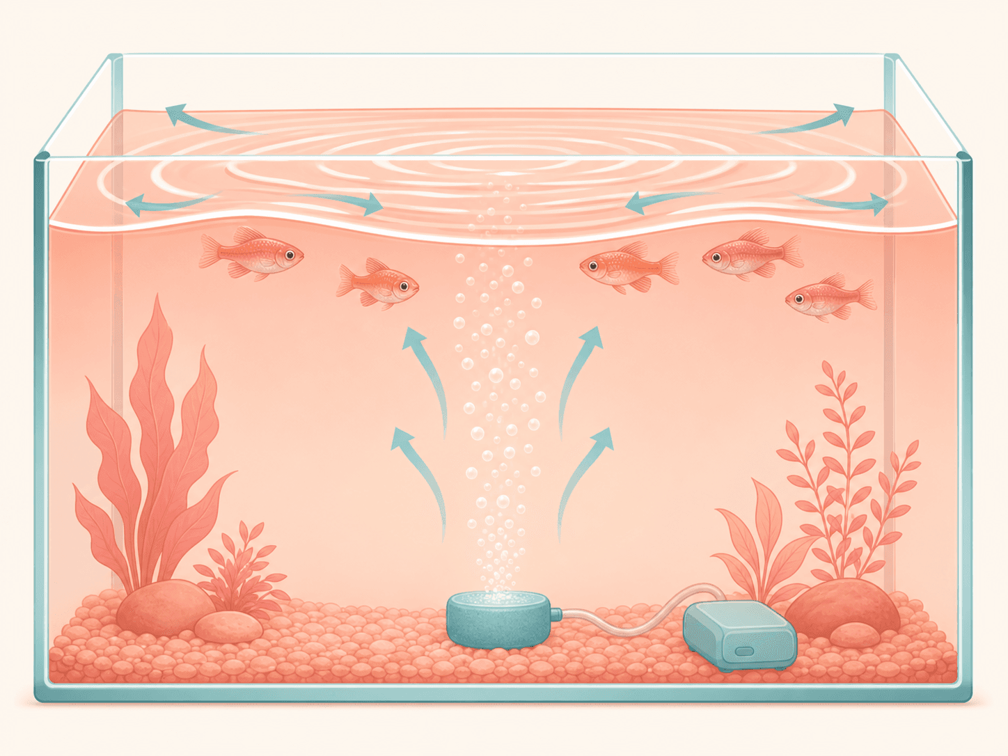 Fish gather near the surface while bubbles and ripples add oxygen movement to the tank.