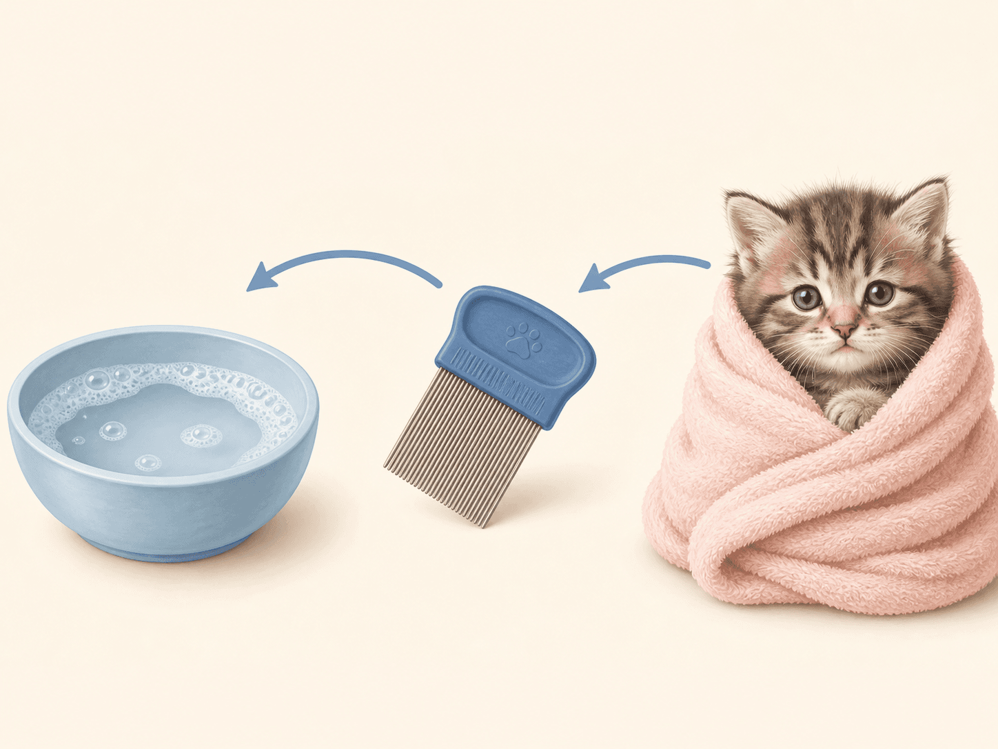 A visual guide showing a flea comb, soapy water, and a warm towel for chemical-free kitten flea care.
