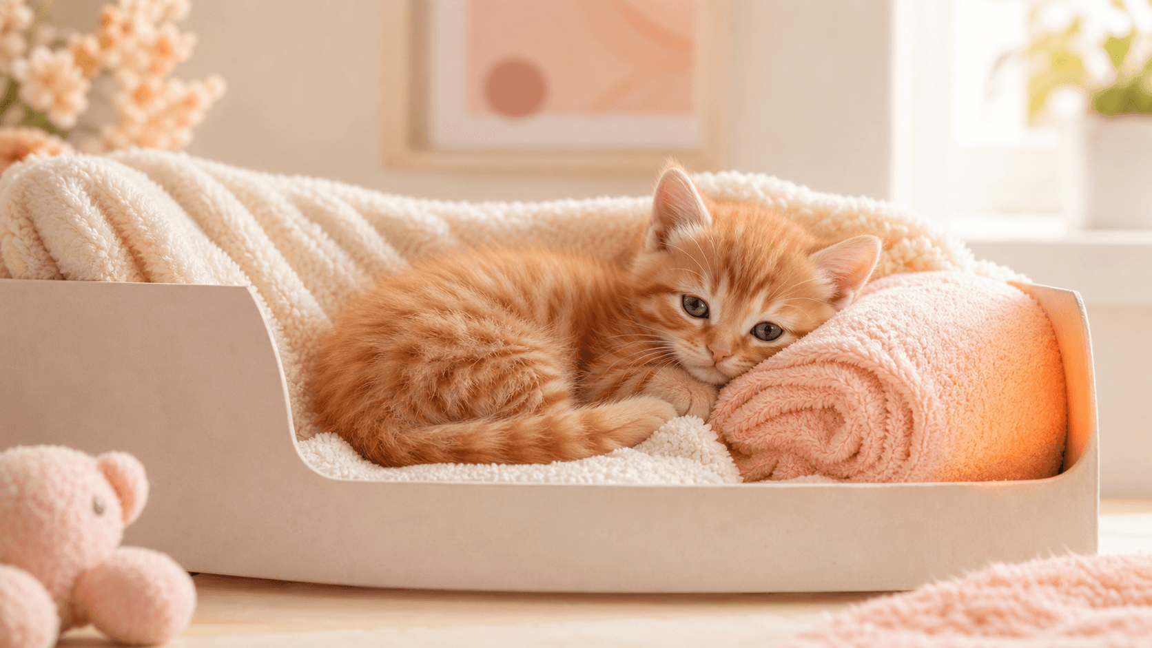 A tiny ginger kitten sleeping peacefully inside a cozy nesting box with warm blankets.