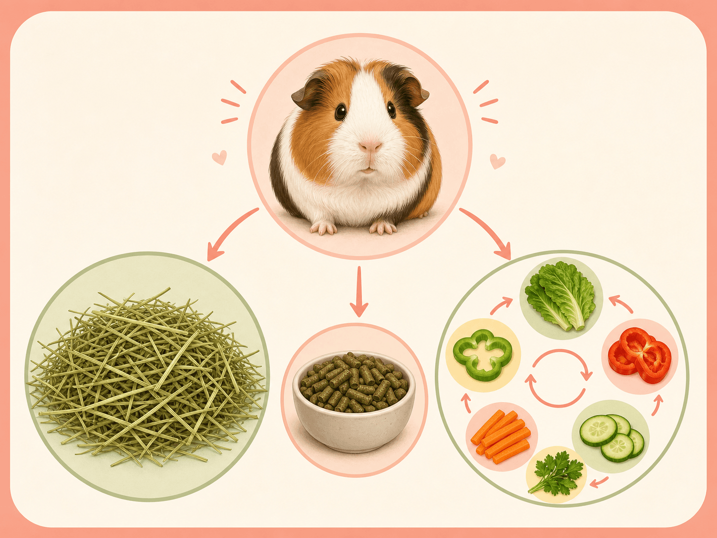 A simple diet diagram shows hay as the main base, with smaller portions of pellets and rotating vegetables.