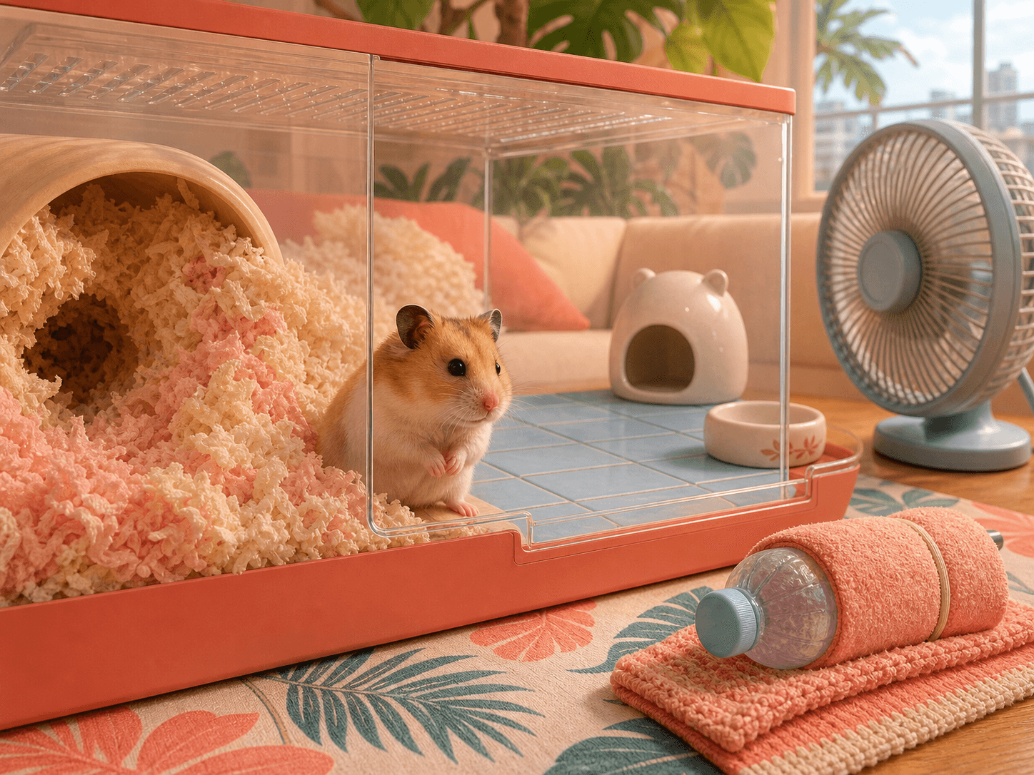 A hamster sits near a cool tile while bedding and indirect cooling options remain available nearby.