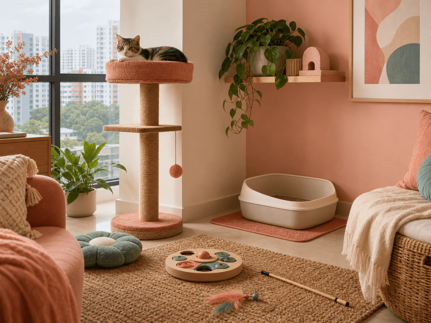 A cat has secure resting, scratching, litter, play, and feeding options inside a Singapore apartment.
