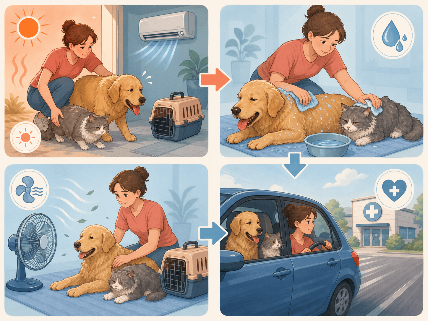 A step-by-step diagram shows a pet being moved from heat, cooled with water and airflow, then taken urgently to a vet.