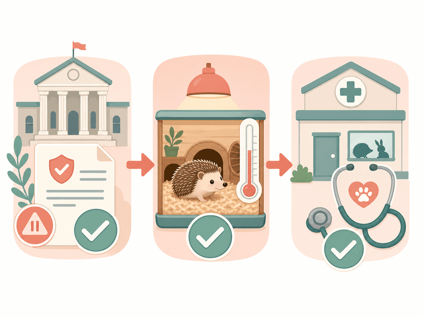 A three-step visual checklist shows legality, enclosure temperature, and exotics vet access before buying a hedgehog.