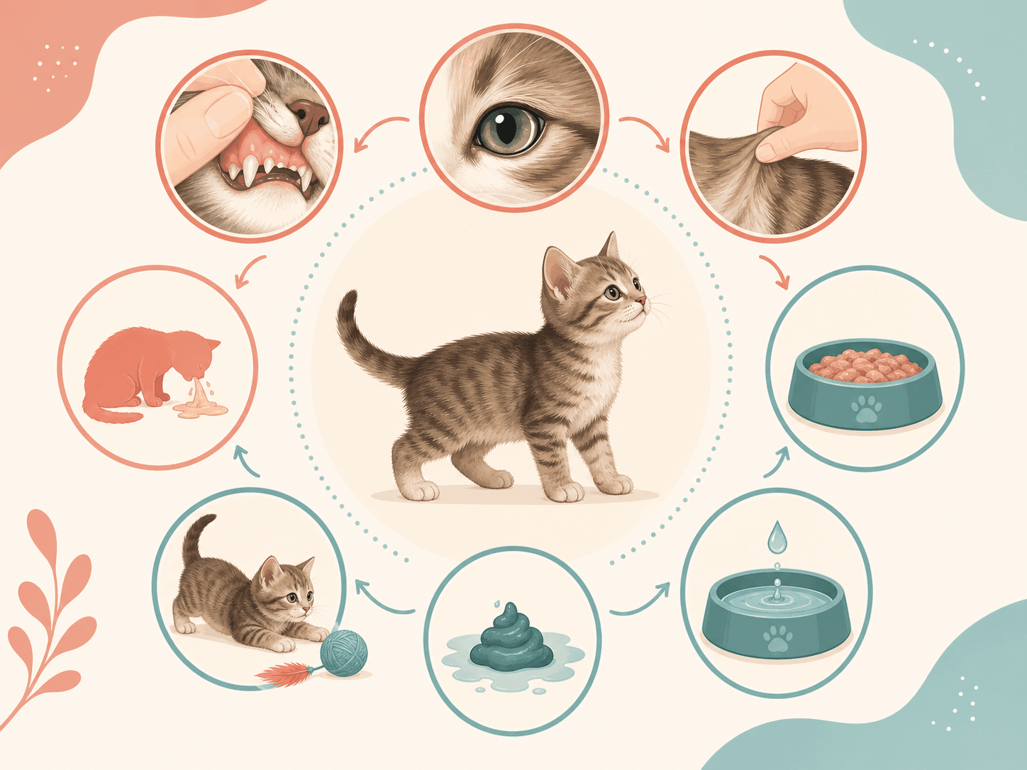A kitten is surrounded by simple visual signs owners can check for dehydration and illness.