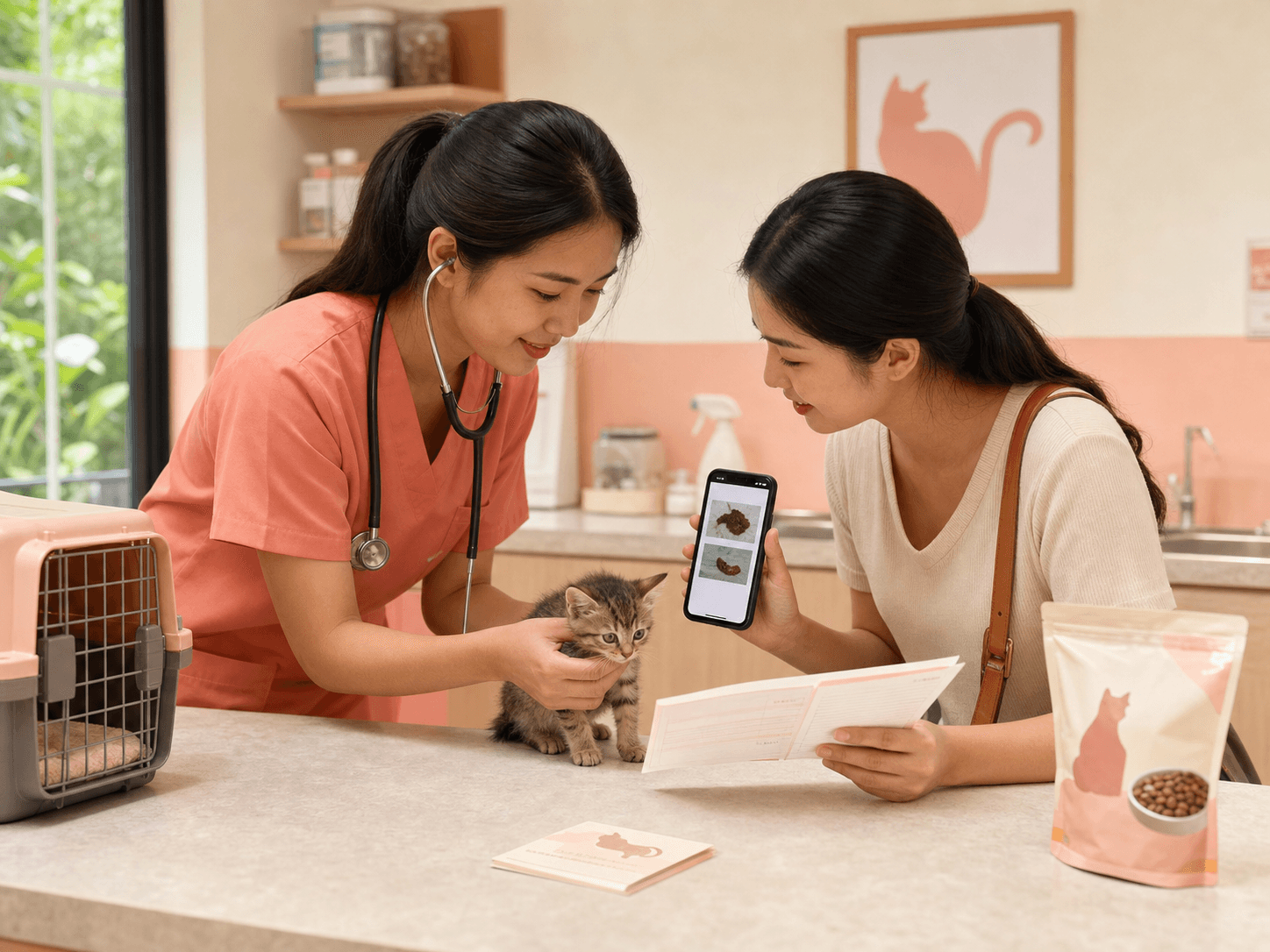 A veterinarian examines a kitten while the owner brings photos and records for the visit.