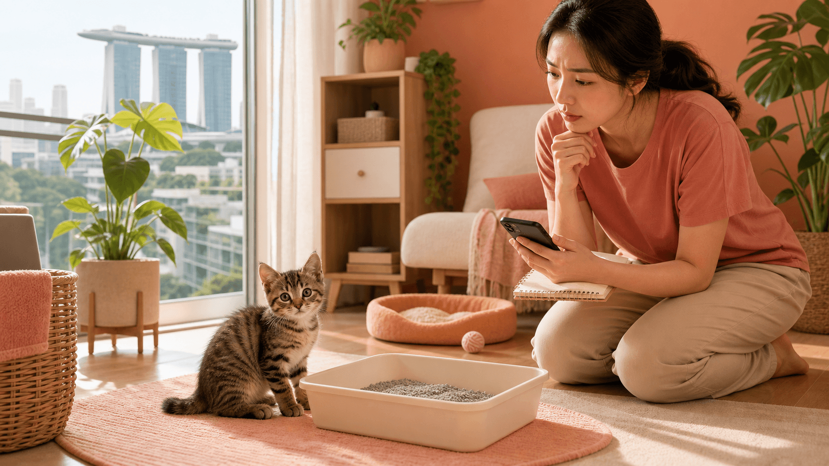 A concerned owner checks on a newly adopted kitten beside a litter tray in a warm home setting.