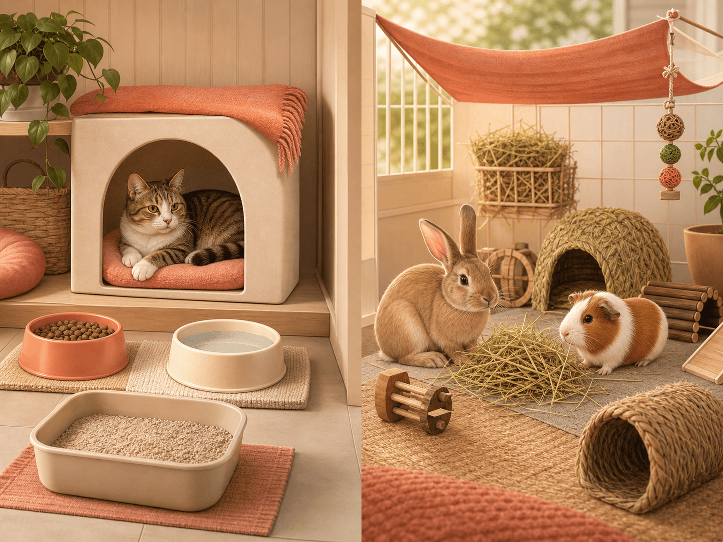 A cat rests in a quiet hiding space while a rabbit and guinea pig stay in separate species-appropriate boarding areas with hay and shade.