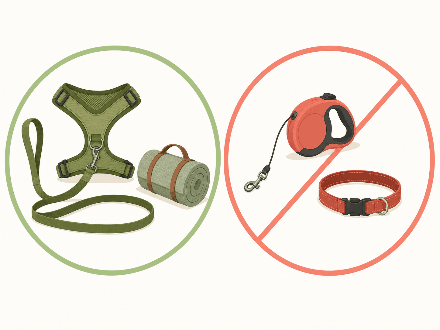 A visual comparison diagram showing a safe flat leash with a Y-shaped harness versus an unsafe retractable leash with a neck collar.