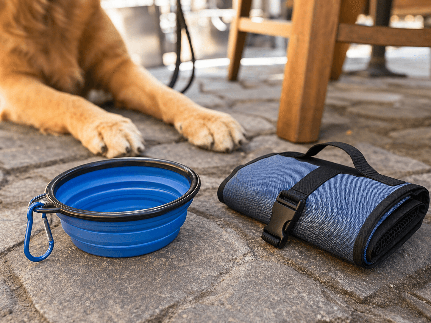 A collapsible blue silicone dog bowl filled with water sits on a clean mat on a cafe floor.