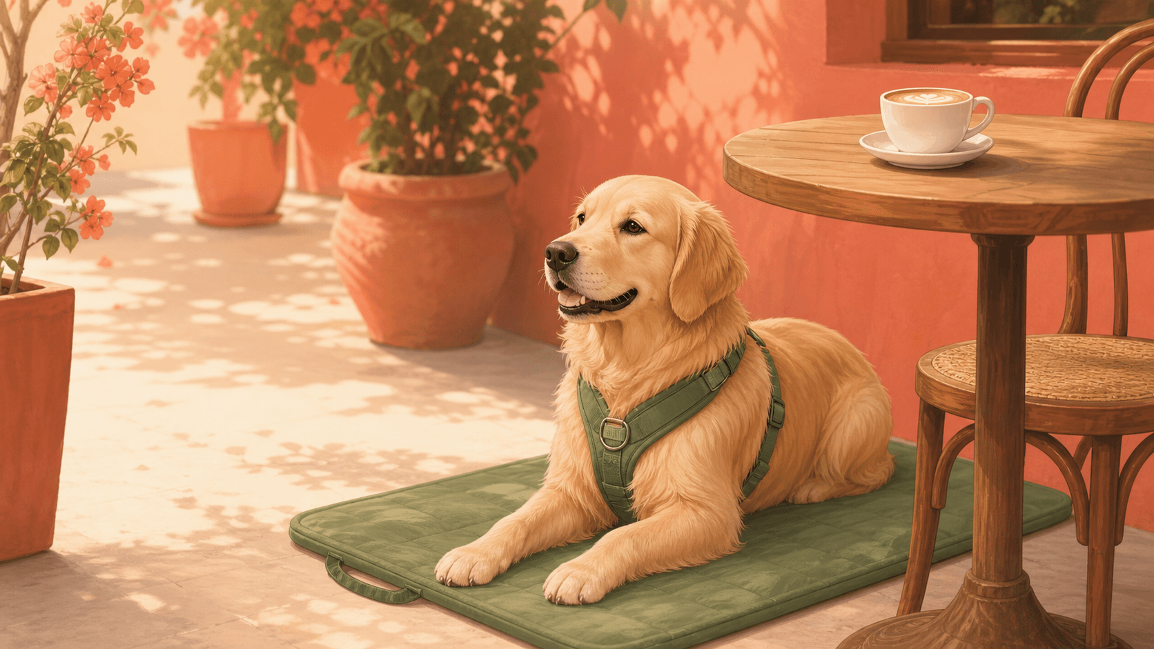 A calm golden retriever wearing a harness sits on a portable mat next to a cafe table with a coffee cup in warm afternoon light.