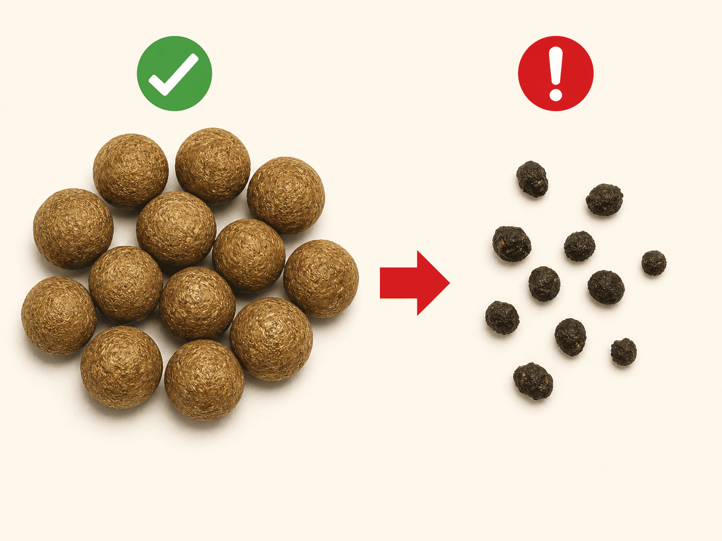 A diagram comparing large, healthy round rabbit droppings with tiny, irregular, abnormal droppings.