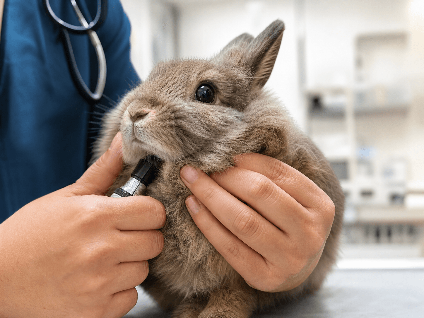 A veterinarian carefully checking a fluffy rabbit's chin during a dental examination.