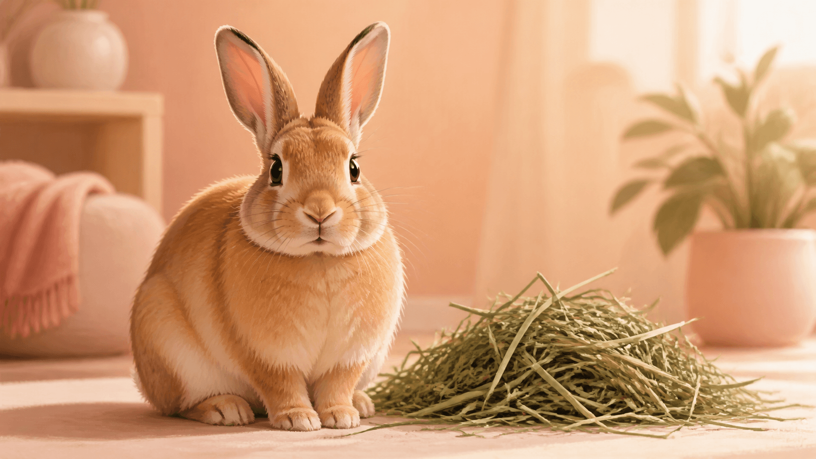 An illustration of a rabbit sitting beside a pile of fresh hay in a warm, coral-toned room.