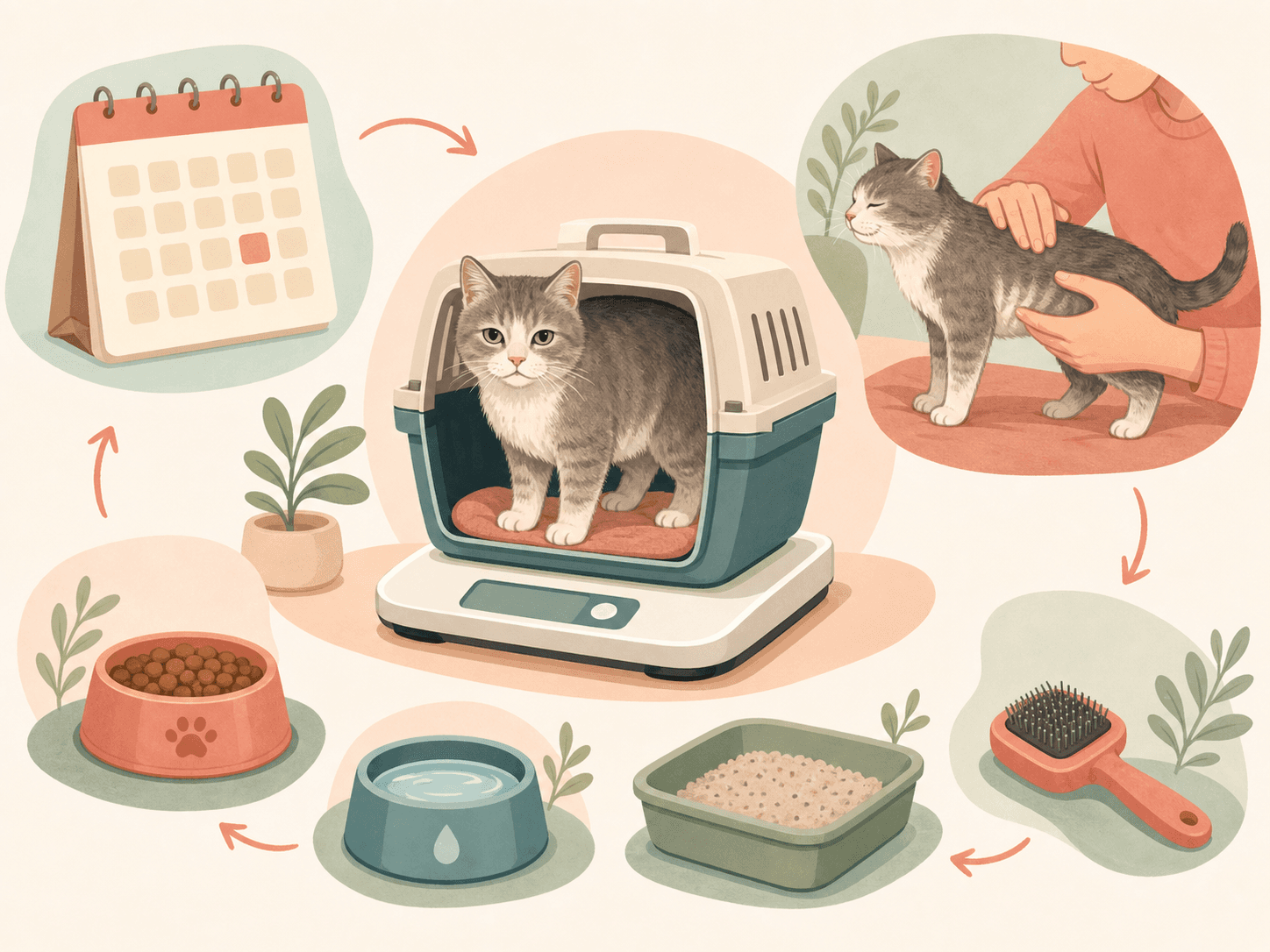 A diagram shows weighing a senior cat, checking body condition, and tracking food, water, litter, and grooming changes.