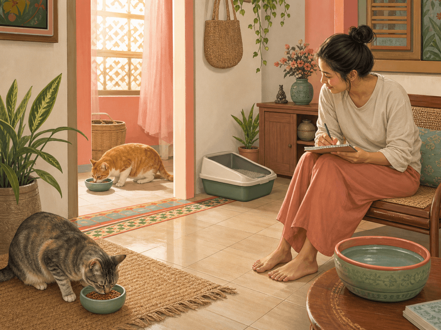 Two cats eat in separate areas while an owner watches and takes notes about their routines.