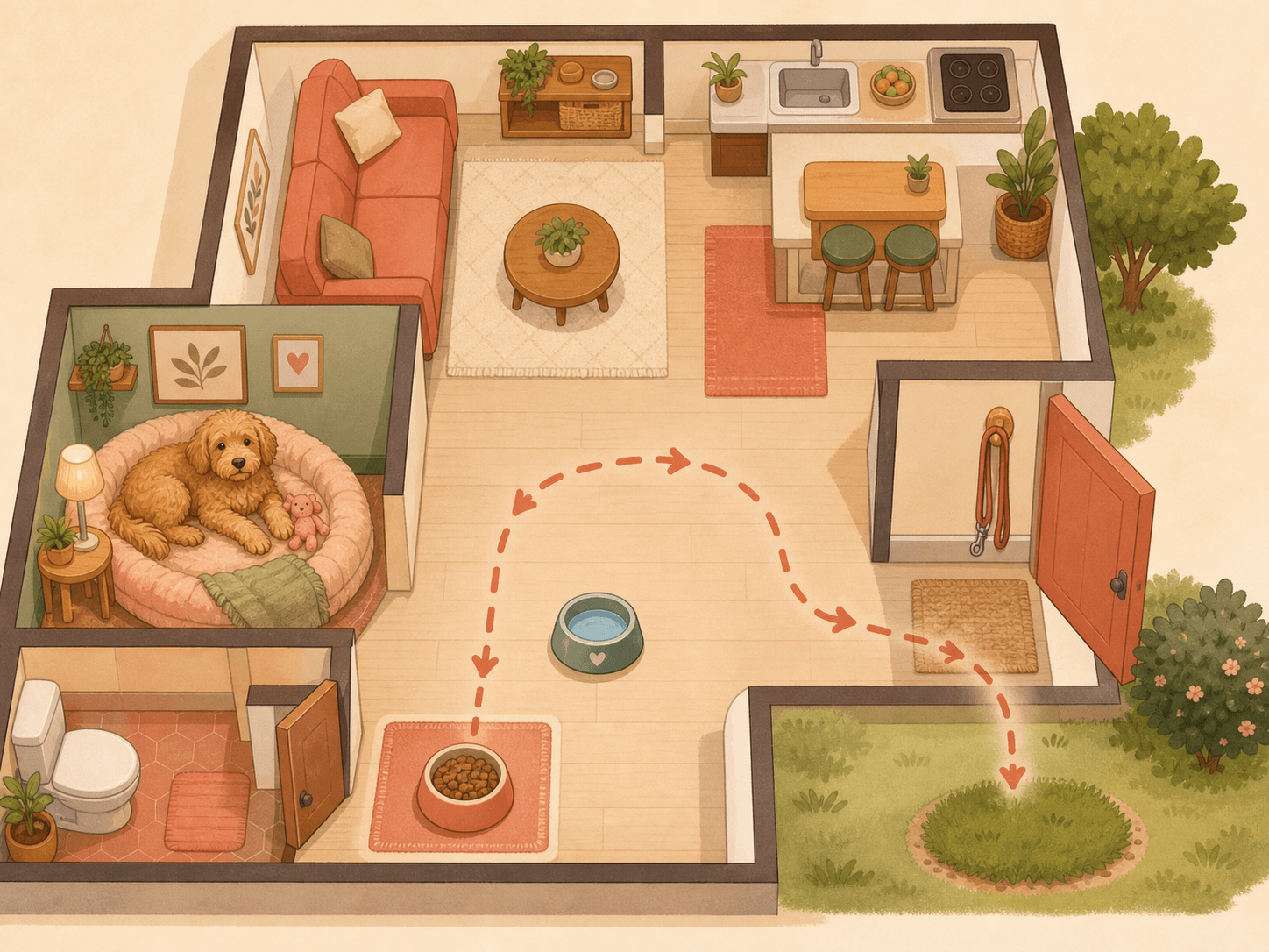 A simple apartment layout shows a dog resting area, meal spot, doorway, and repeated toilet route.