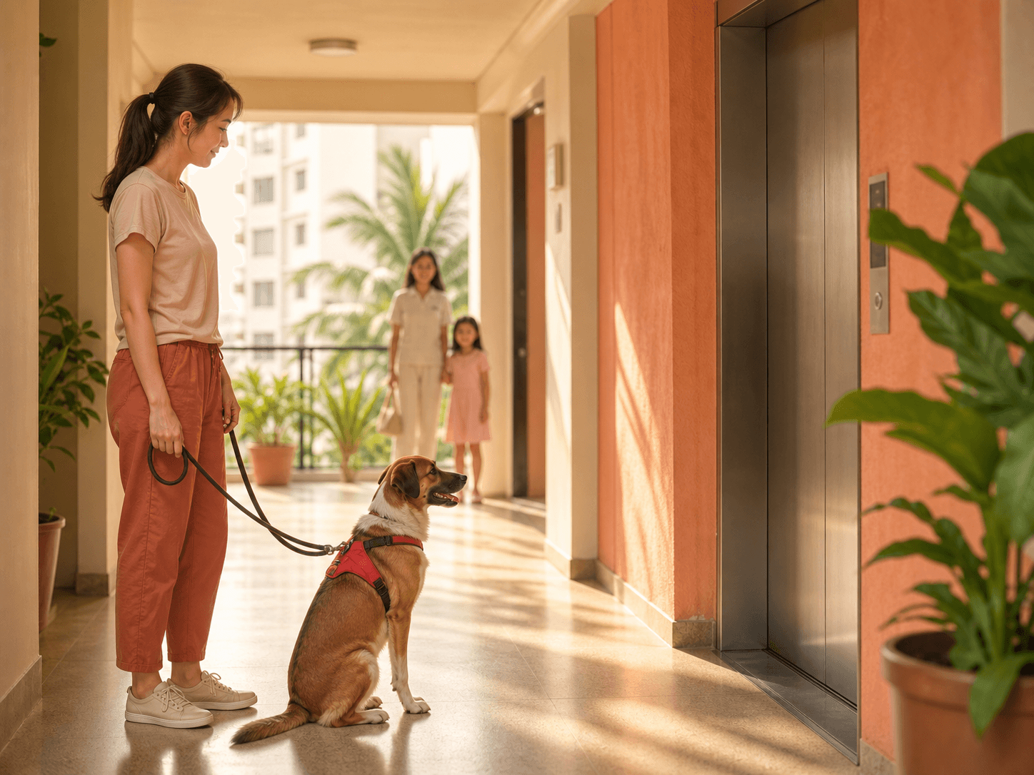A rescue dog and owner wait calmly near an apartment lift while keeping distance from neighbours.