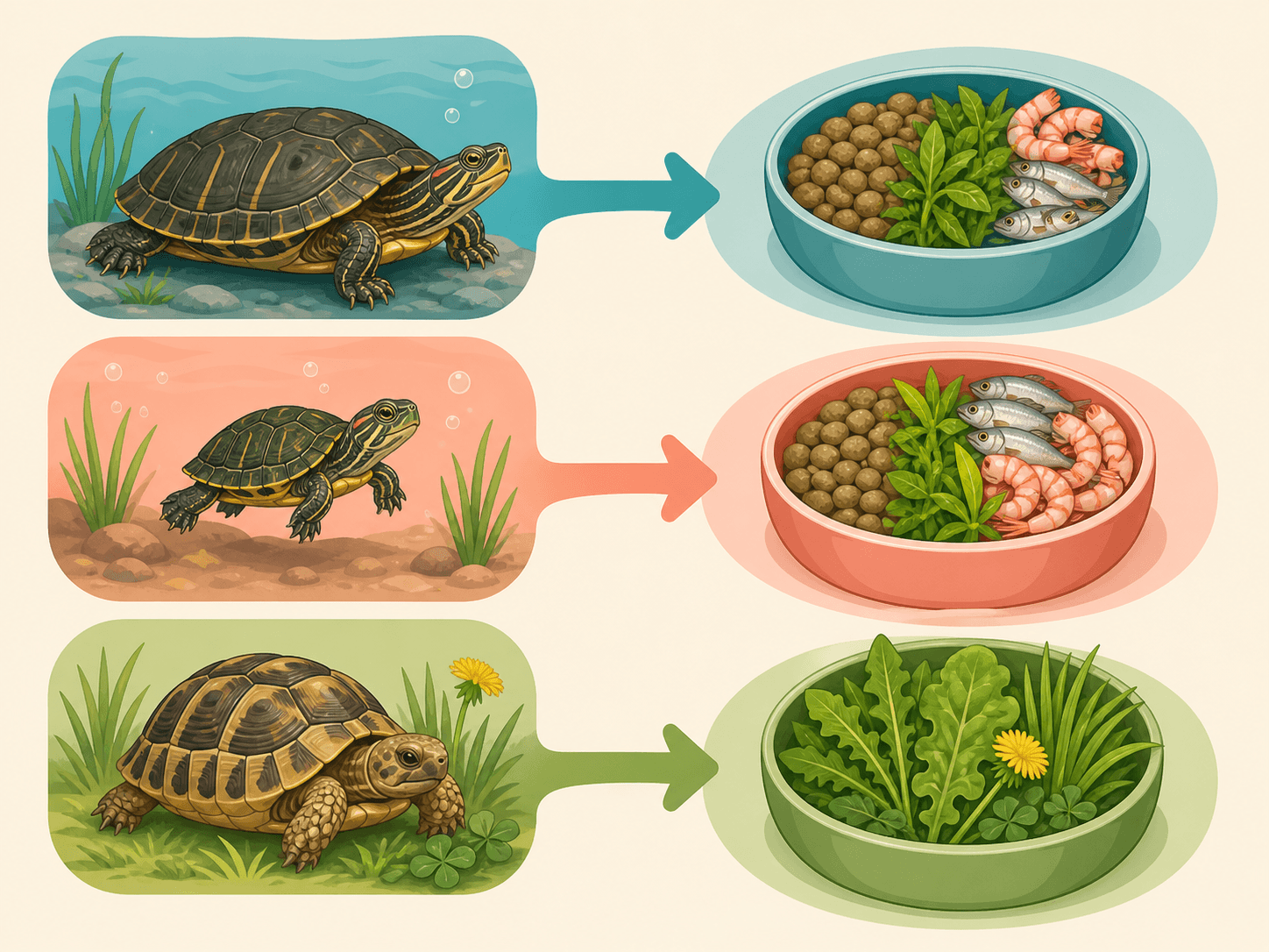 A diagram compares different food patterns for aquatic turtles, juvenile aquatic turtles, and herbivorous tortoises.