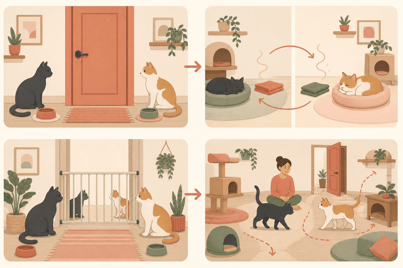 A four-step visual sequence shows two cats moving from closed-door separation to scent exchange, limited sight, and supervised shared space.