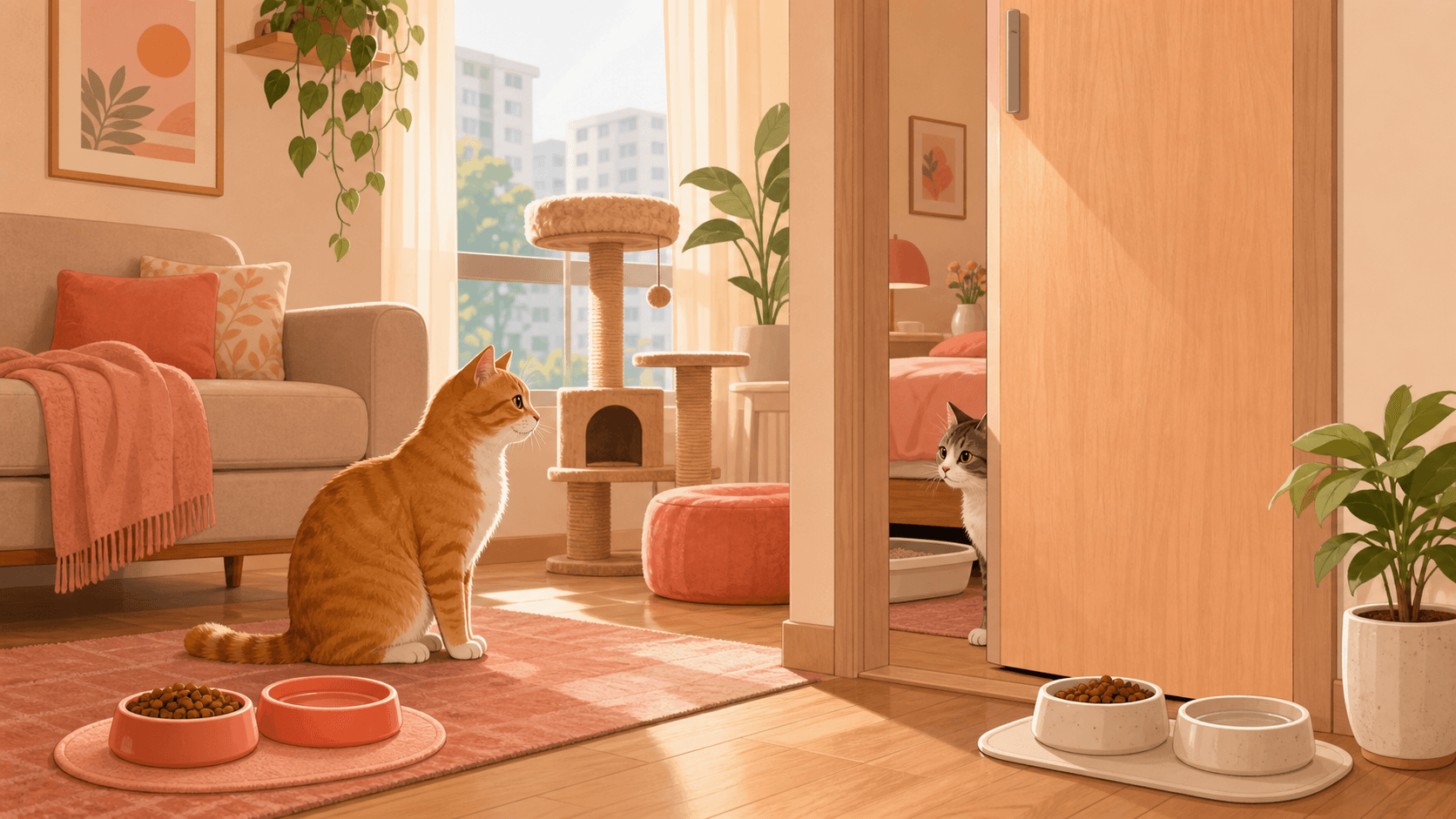 Two cats cautiously notice each other across a partly closed bedroom door in a warm apartment setting.