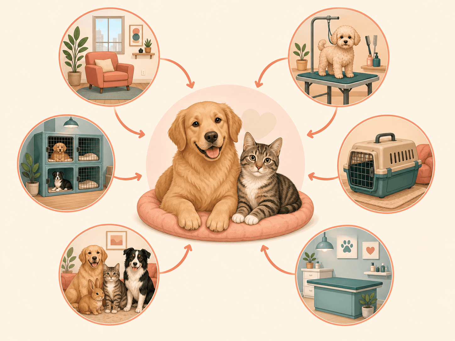 A dog and cat are shown connected to common exposure situations such as boarding, grooming, travel, and shared pet spaces.
