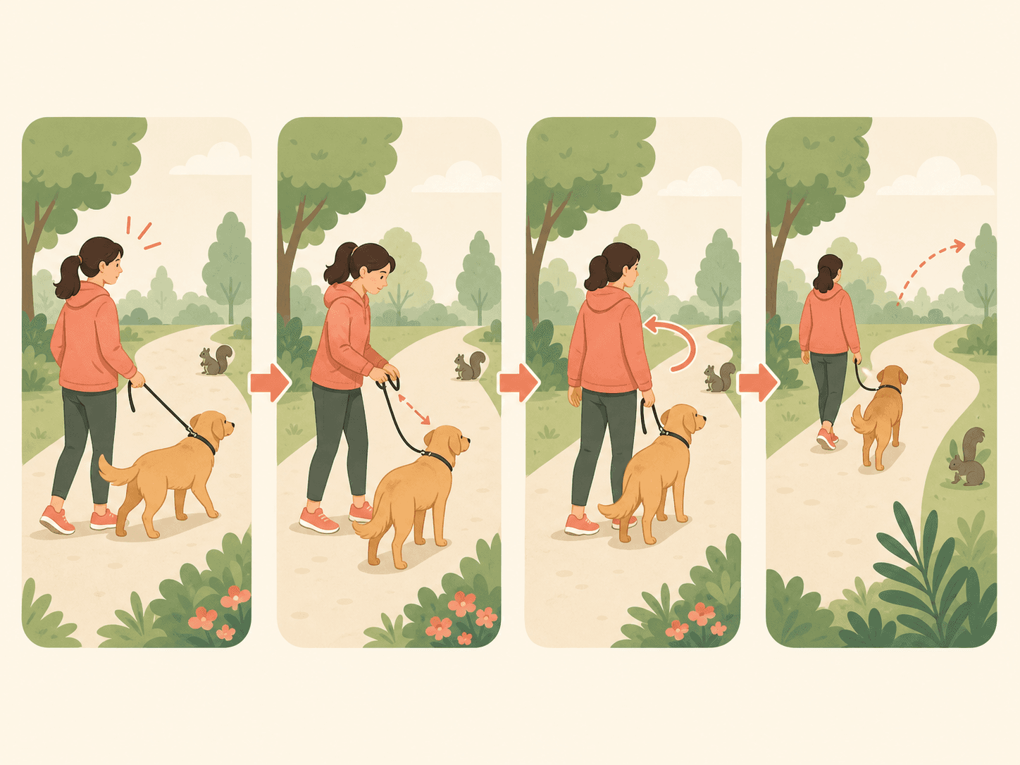 A four-step visual sequence shows a dog walker stopping, shortening the leash, turning away, and creating distance from wildlife.