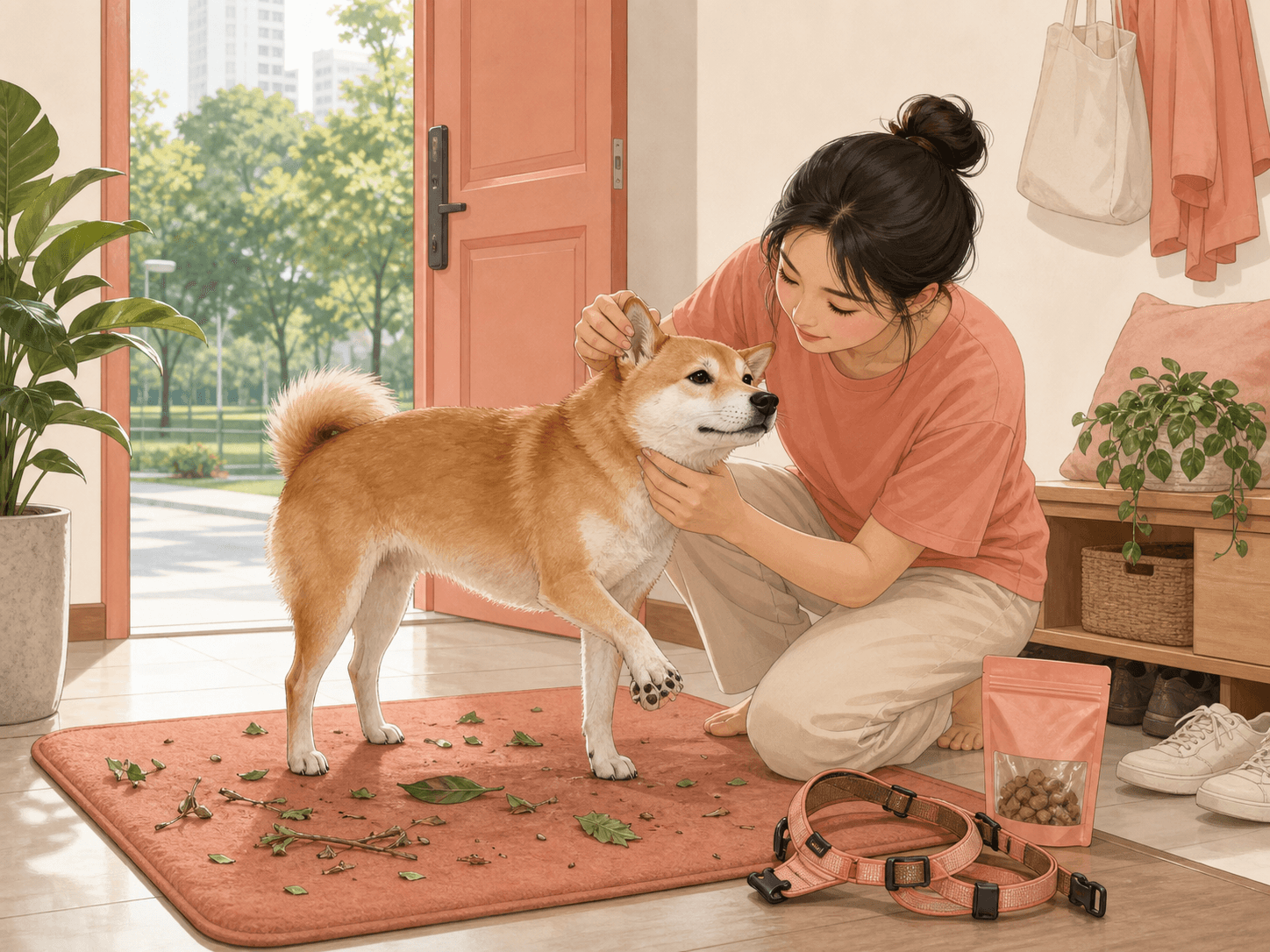 An owner checks a calm dog’s ears, paws, belly, and muzzle after a walk through greenery.
