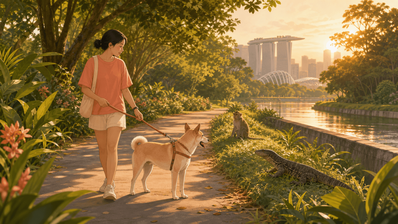 A dog owner calmly guides a leashed dog away from wildlife on a green Singapore park connector.