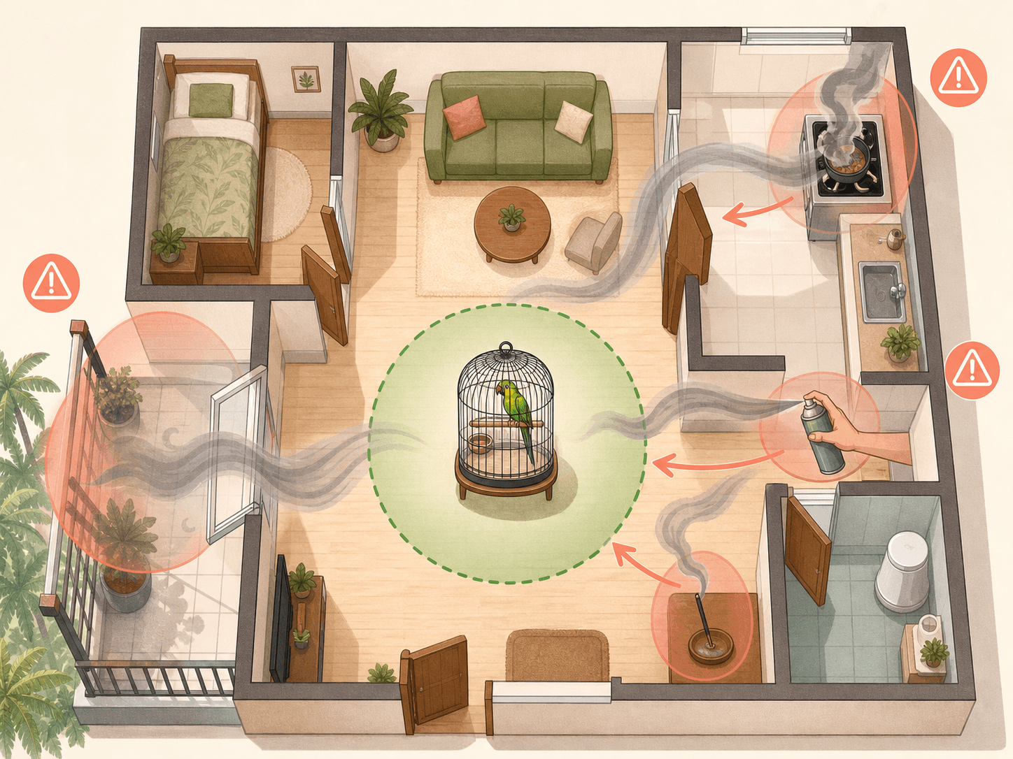 A floor-plan diagram shows kitchen fumes, smoke, sprays, and balcony air moving toward unsafe cage locations while the cage sits in cleaner indoor air.