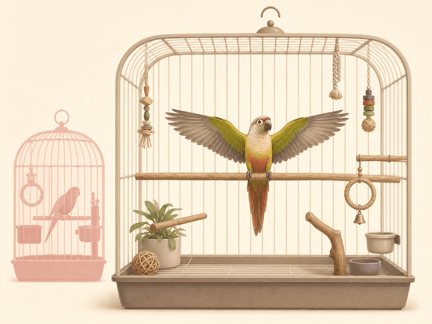 A parrot stretches its wings inside a roomy cage with open space around perches and toys, contrasted with a cramped cage silhouette.