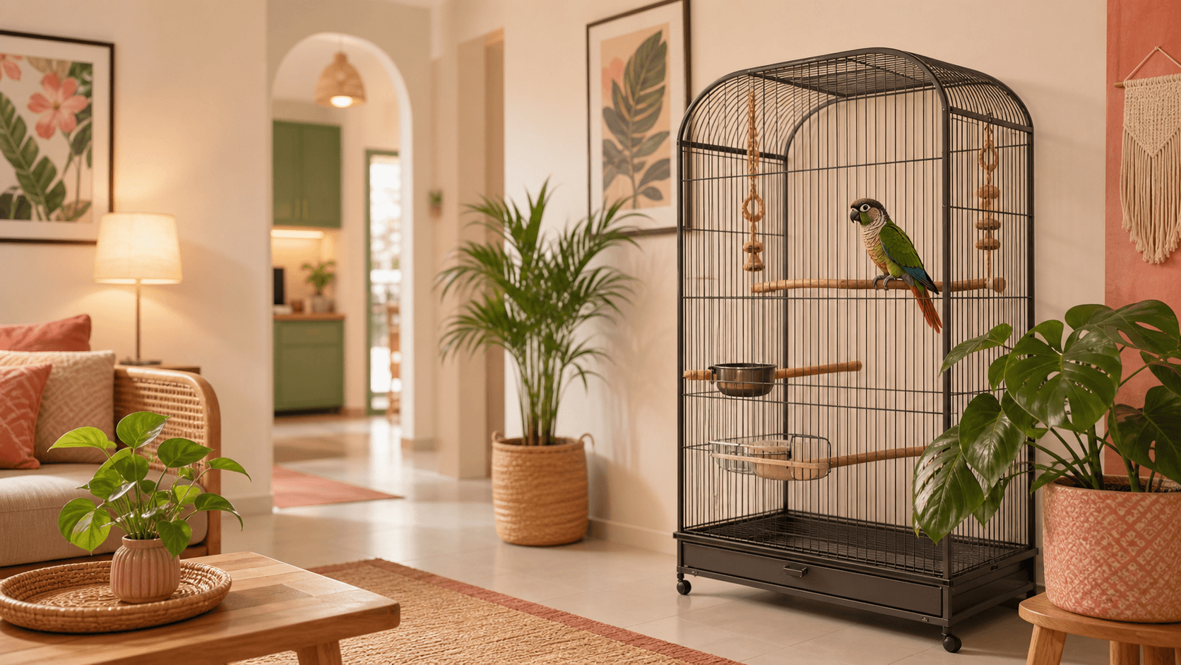 A parrot rests in a spacious cage placed in a calm, shaded living room away from kitchen fumes and direct sun.