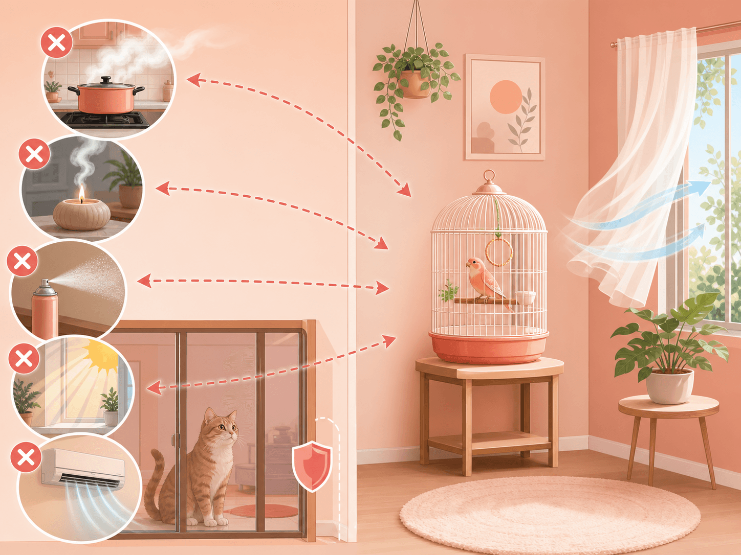 A bird cage sits in a quiet safe area away from household fumes, direct sun, drafts, and pets.