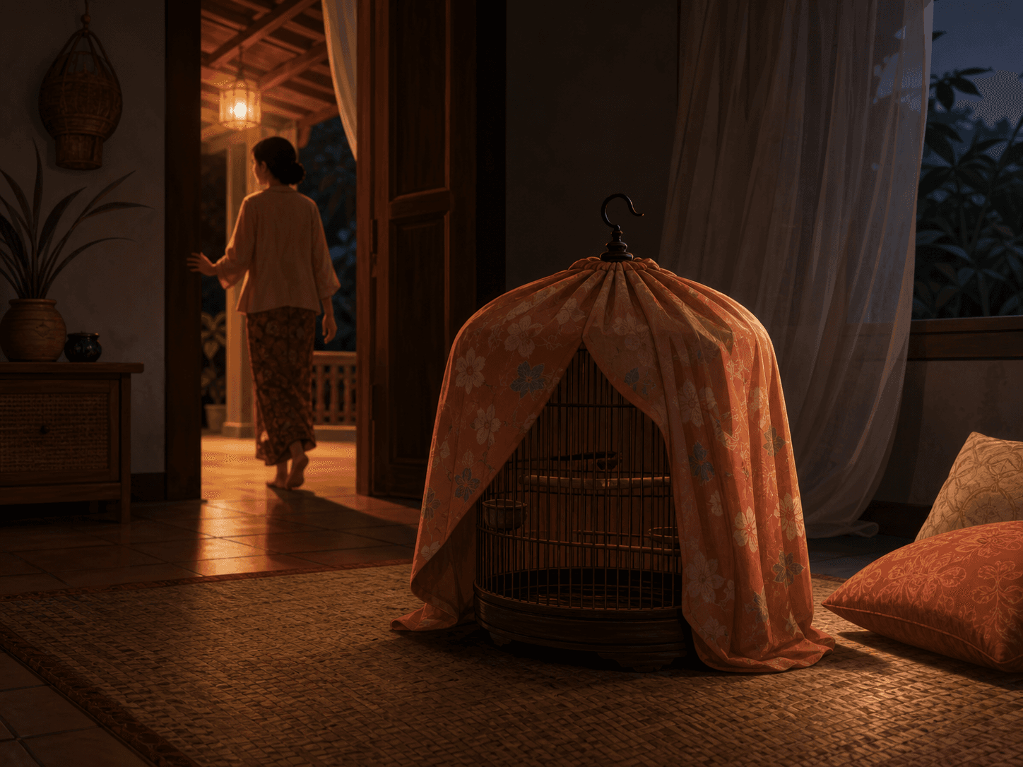 A covered bird cage rests in a quiet dark room while a caregiver leaves it undisturbed for the night.